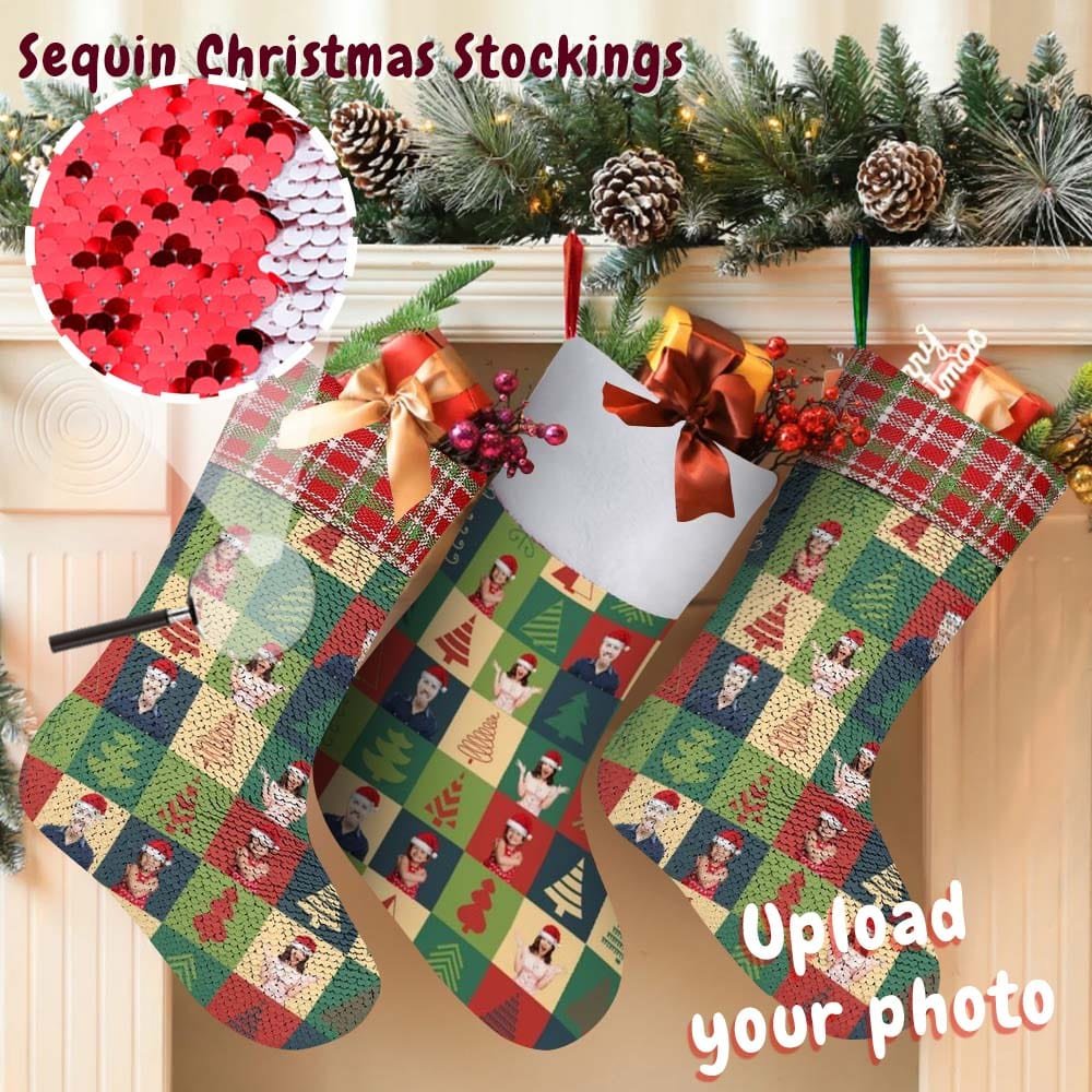 Custom 16.5in(L) Super Size-Custom Family Face Christmas Tree Lattice Flip Sequins Christmas Stocking - YesCustom