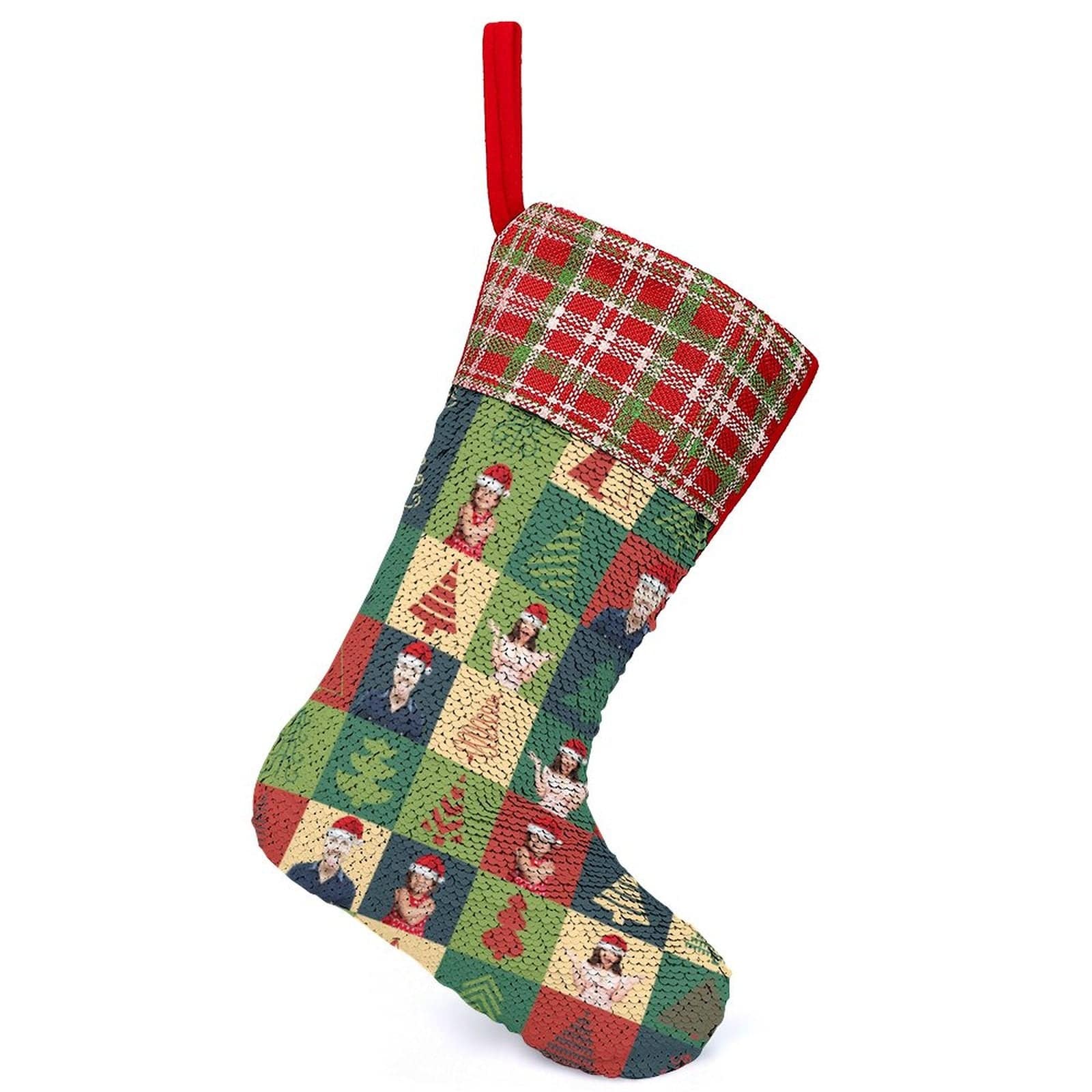 Custom 16.5in(L) Super Size-Custom Family Face Christmas Tree Lattice Flip Sequins Christmas Stocking - YesCustom