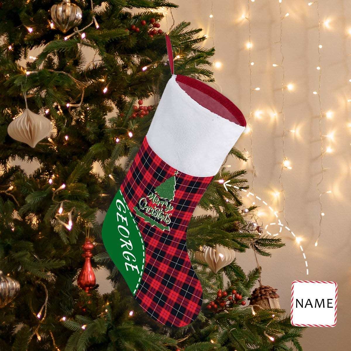 Custom 16.5in(L) Super Size-Custom Name Red Black Stripes Christmas Stocking - YesCustom