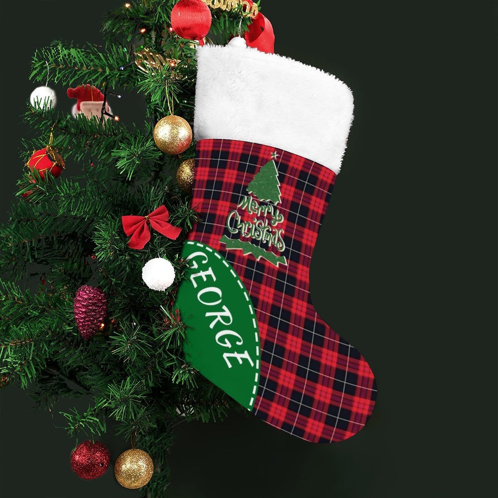 Custom 16.5in(L) Super Size-Custom Name Red Black Stripes Christmas Stocking - YesCustom