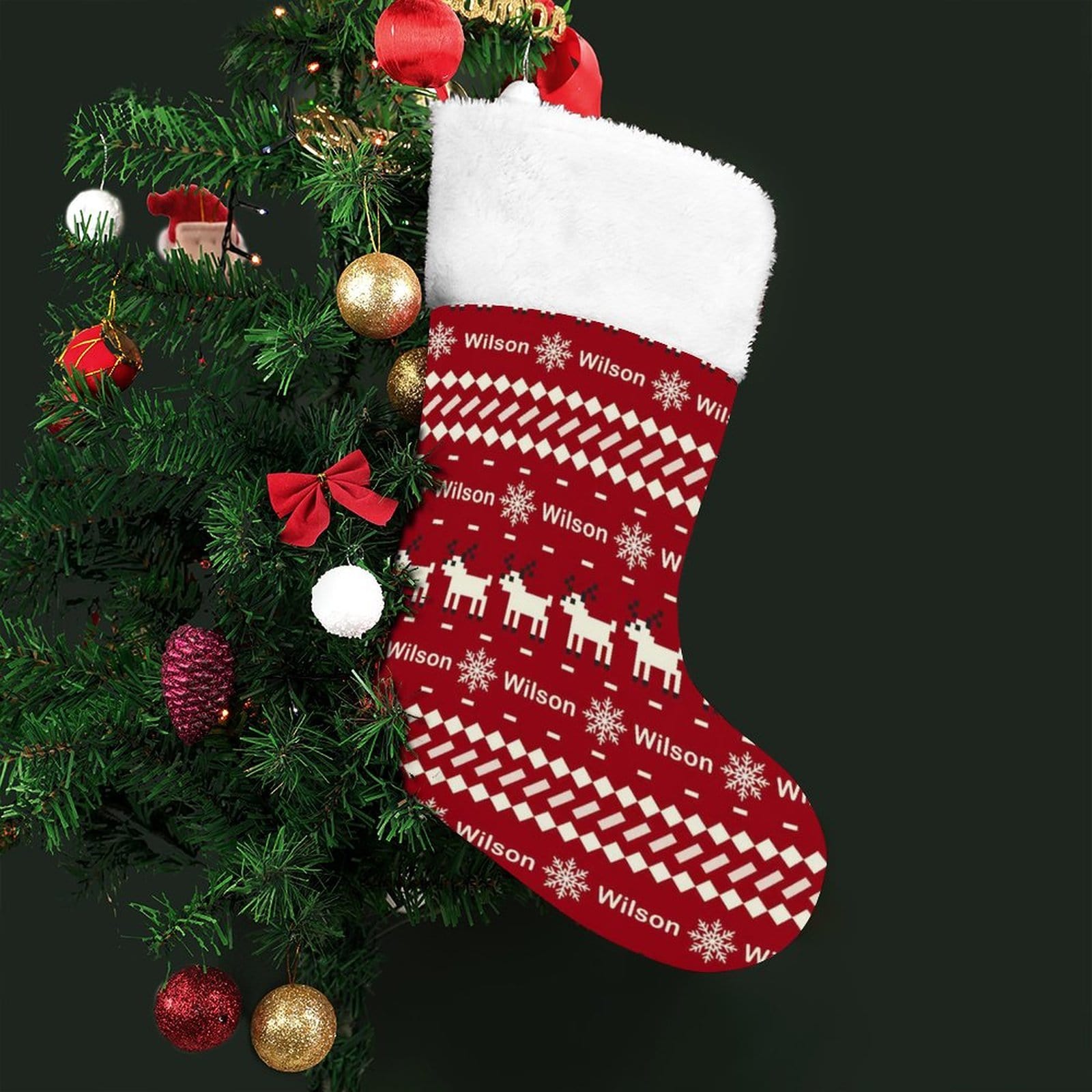 Custom 16.5in(L) Super Size-Custom Name Red Snowflake Fawn Christmas Stocking - YesCustom