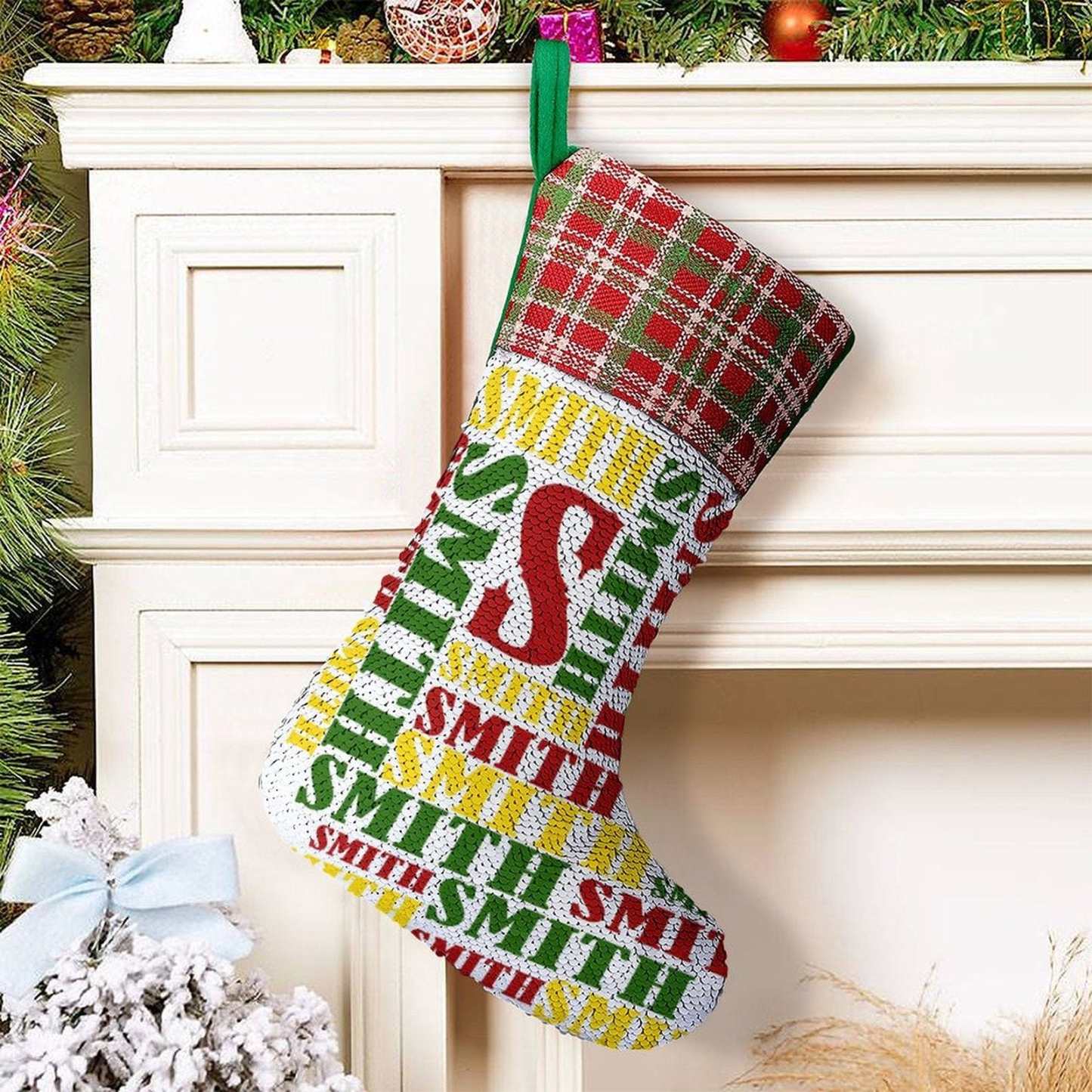 Custom 16.5in(L) Super Size-Custom Name Red Yellow Green Christmas Socks Flip Sequins Christmas Stocking - YesCustom