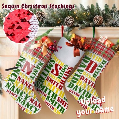 Custom 16.5in(L) Super Size-Custom Name Red Yellow Green Christmas Socks Flip Sequins Christmas Stocking - YesCustom