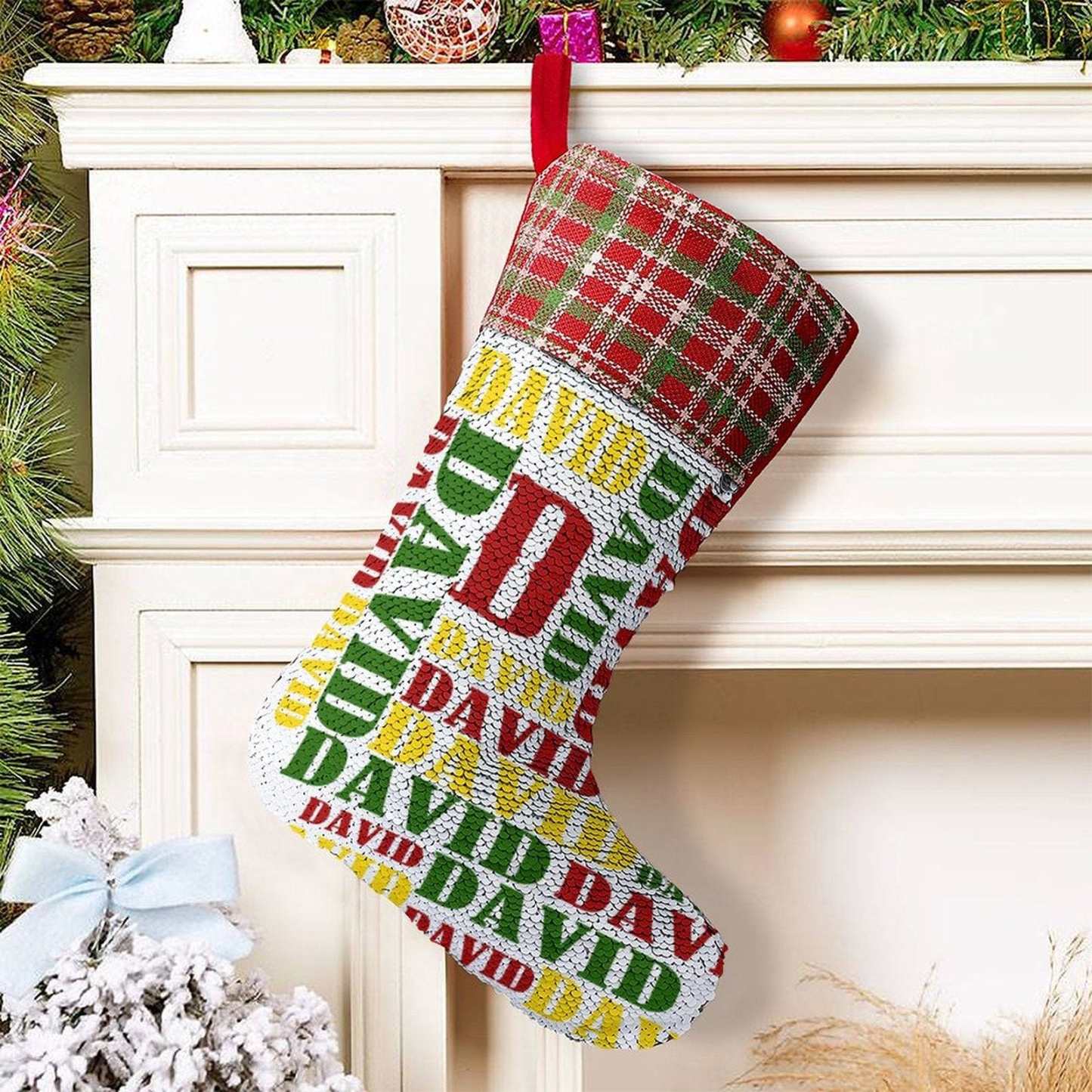 Custom 16.5in(L) Super Size-Custom Name Red Yellow Green Christmas Socks Flip Sequins Christmas Stocking - YesCustom
