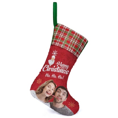 Custom 16.5in(L) Super Size-Custom Photo Couple Red Background Merry Christmas Socks Flip Sequins Christmas Stocking - YesCustom