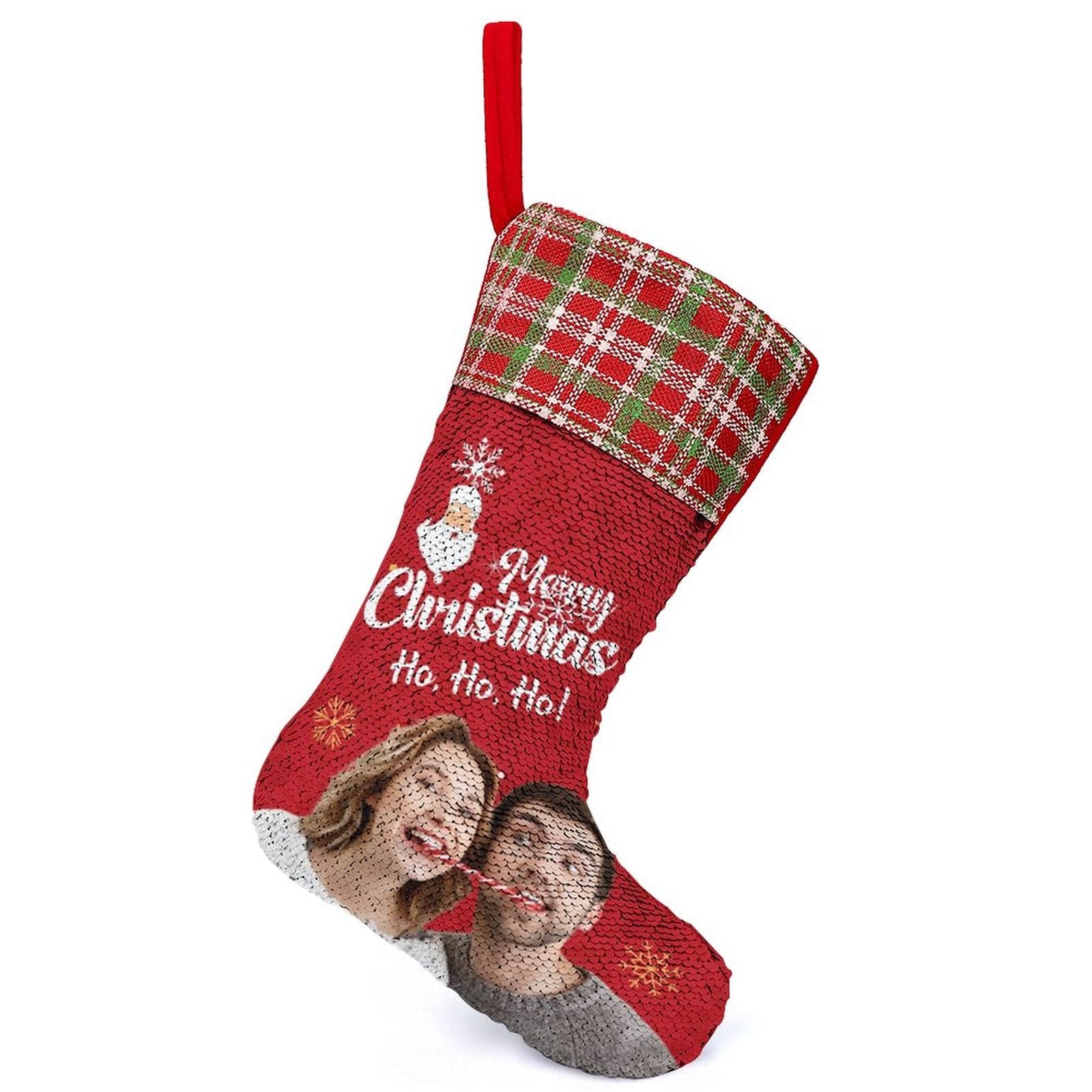 Custom 16.5in(L) Super Size-Custom Photo Couple Red Background Merry Christmas Socks Flip Sequins Christmas Stocking - YesCustom