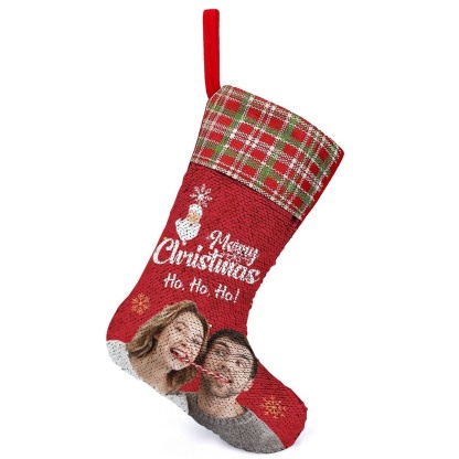 Custom 16.5in(L) Super Size-Custom Photo Couple Red Background Merry Christmas Socks Flip Sequins Christmas Stocking - YesCustom