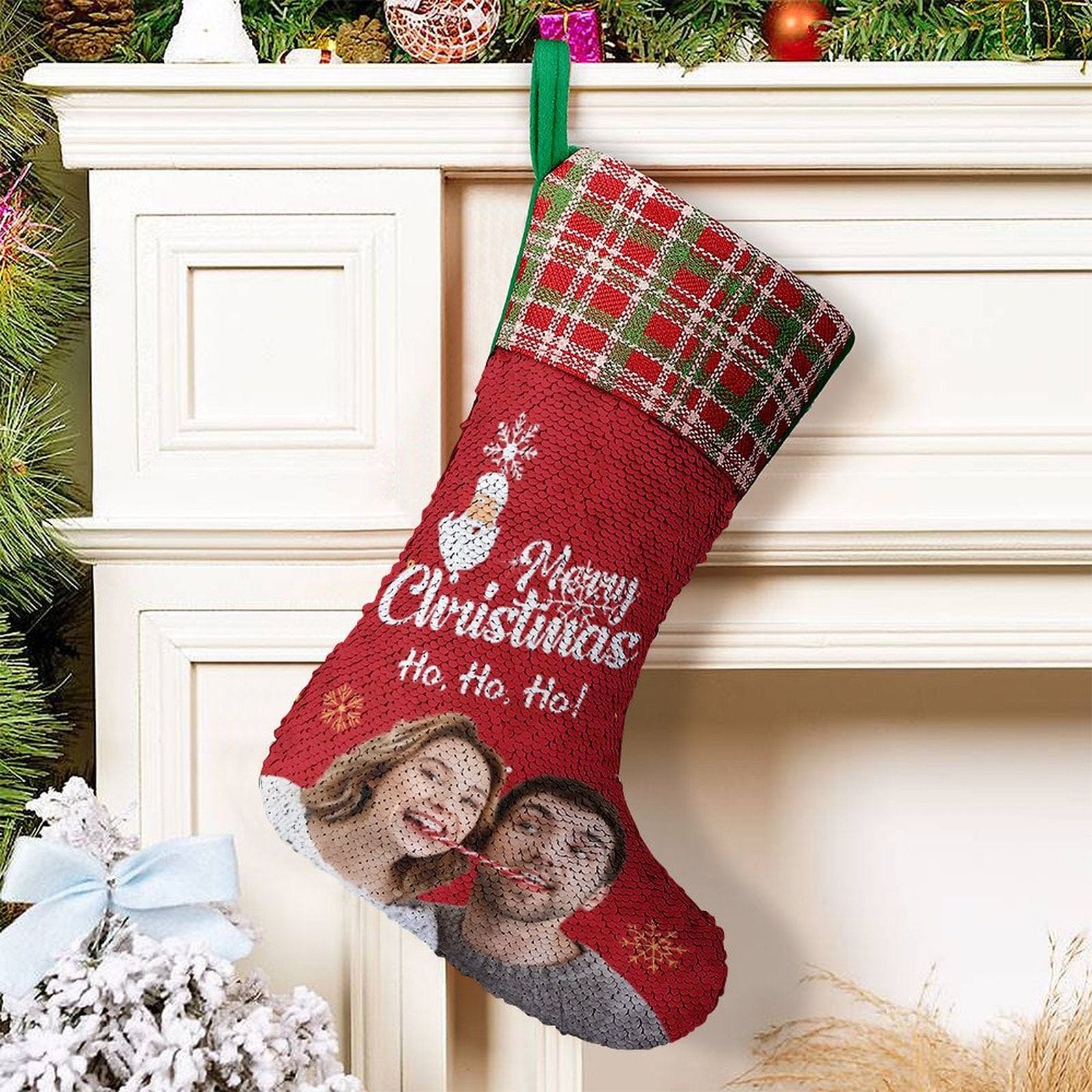 Custom 16.5in(L) Super Size-Custom Photo Couple Red Background Merry Christmas Socks Flip Sequins Christmas Stocking - YesCustom