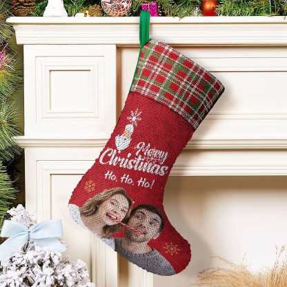 Custom 16.5in(L) Super Size-Custom Photo Couple Red Background Merry Christmas Socks Flip Sequins Christmas Stocking - YesCustom