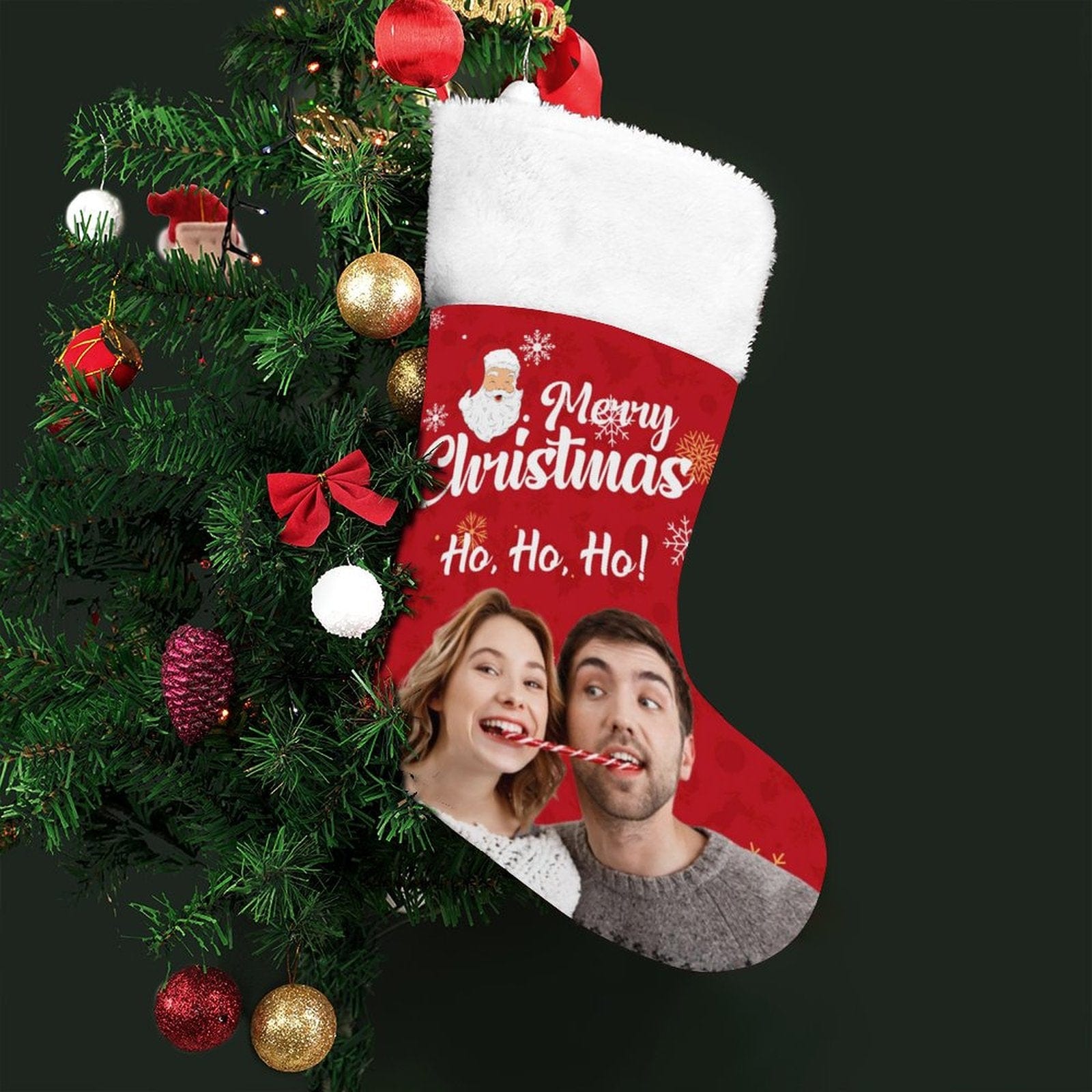 Custom 16.5in(L) Super Size-Custom Photo Couple Red Background Merry Christmas Socks Flip Sequins Christmas Stocking - YesCustom
