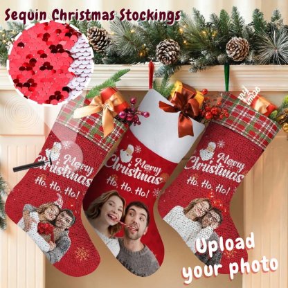 Custom 16.5in(L) Super Size-Custom Photo Couple Red Background Merry Christmas Socks Flip Sequins Christmas Stocking - YesCustom