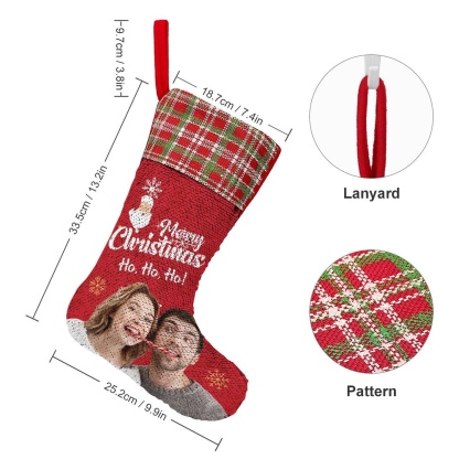 Custom 16.5in(L) Super Size-Custom Photo Couple Red Background Merry Christmas Socks Flip Sequins Christmas Stocking - YesCustom