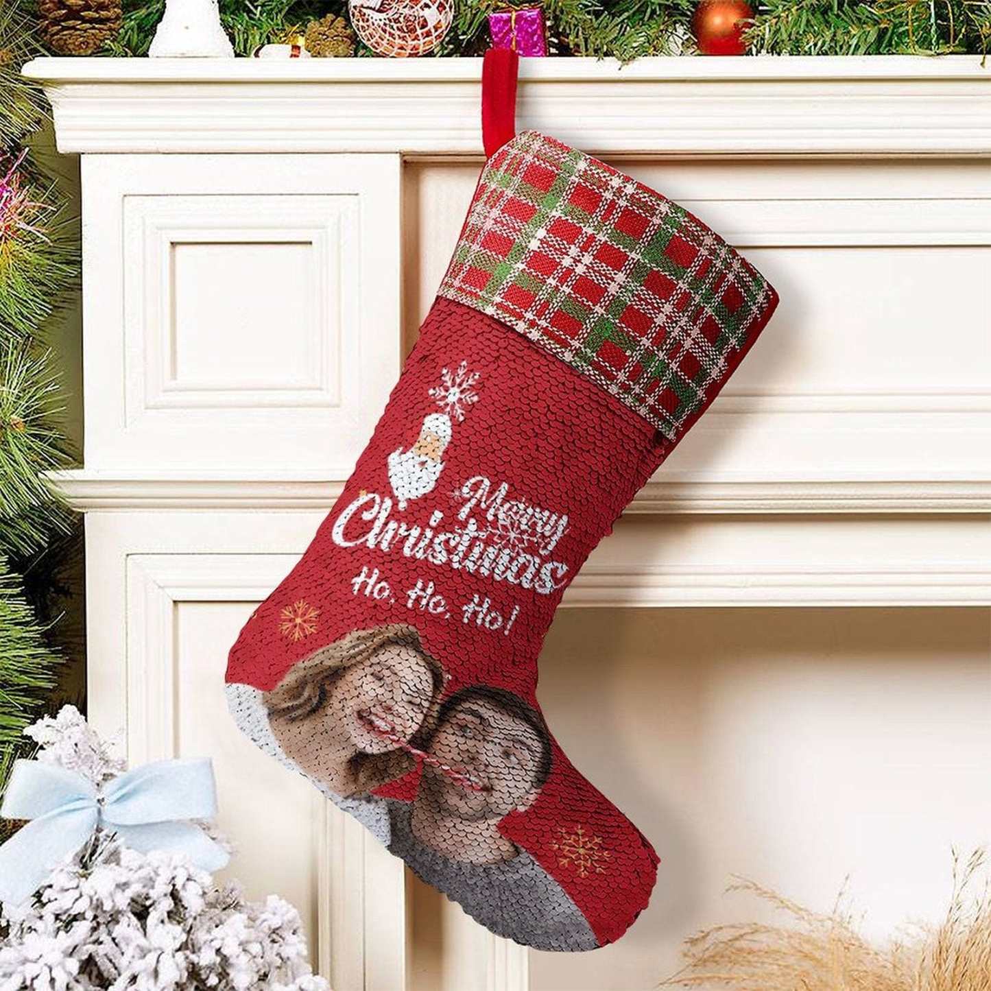 Custom 16.5in(L) Super Size-Custom Photo Couple Red Background Merry Christmas Socks Flip Sequins Christmas Stocking - YesCustom