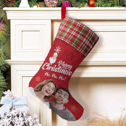 Custom 16.5in(L) Super Size-Custom Photo Couple Red Background Merry Christmas Socks Flip Sequins Christmas Stocking - YesCustom