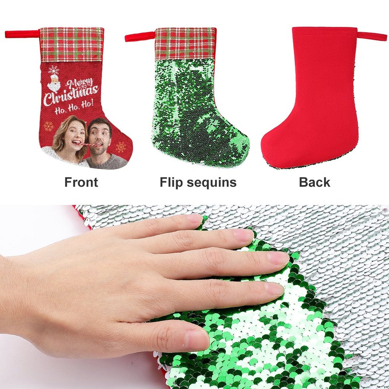 Custom 16.5in(L) Super Size-Custom Photo Couple Red Background Merry Christmas Socks Flip Sequins Christmas Stocking - YesCustom
