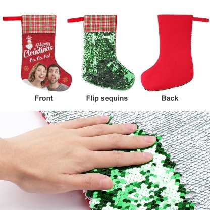 Custom 16.5in(L) Super Size-Custom Photo Couple Red Background Merry Christmas Socks Flip Sequins Christmas Stocking - YesCustom