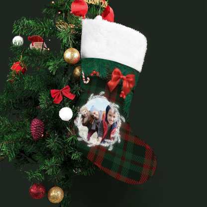 Custom 16.5in(L) Super Size-Custom Photo Lattice Red Bow Christmas Socks Flip Sequins Christmas Stocking - YesCustom