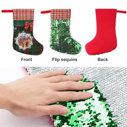 Custom 16.5in(L) Super Size-Custom Photo Lattice Red Bow Christmas Socks Flip Sequins Christmas Stocking - YesCustom