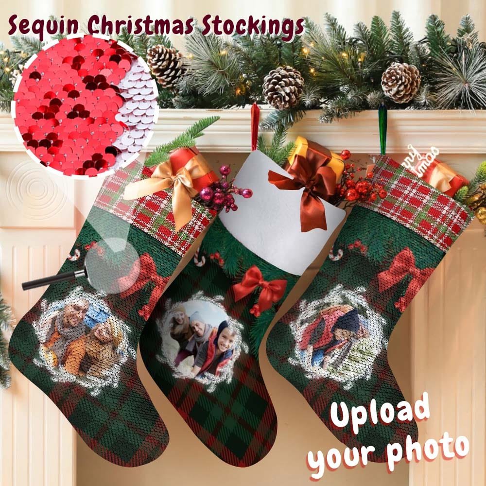 Custom 16.5in(L) Super Size-Custom Photo Lattice Red Bow Christmas Socks Flip Sequins Christmas Stocking - YesCustom