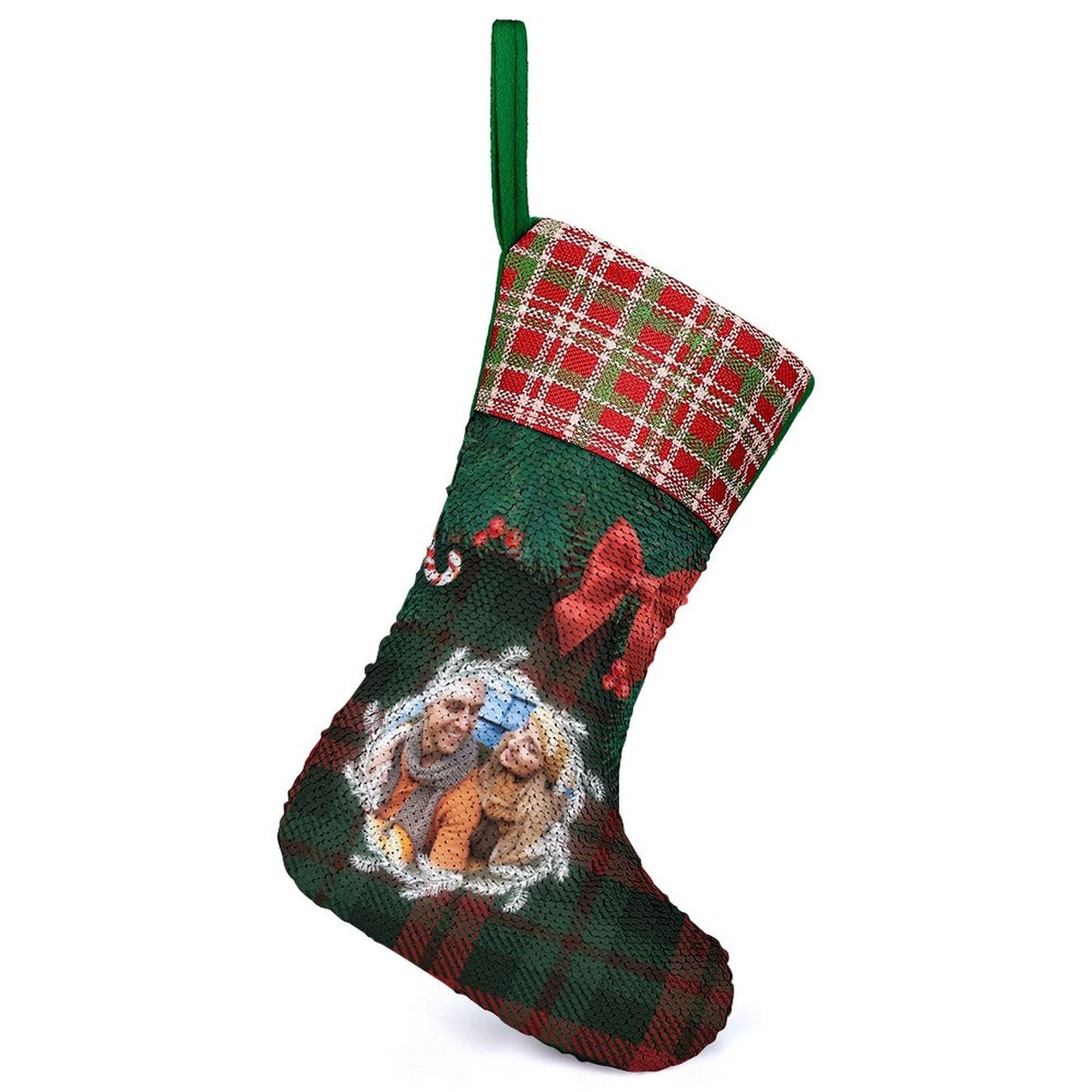 Custom 16.5in(L) Super Size-Custom Photo Lattice Red Bow Christmas Socks Flip Sequins Christmas Stocking - YesCustom