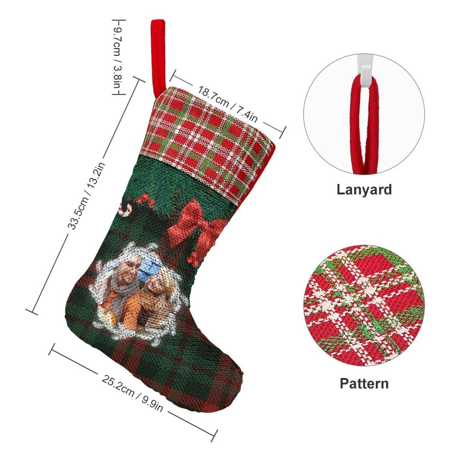 Custom 16.5in(L) Super Size-Custom Photo Lattice Red Bow Christmas Socks Flip Sequins Christmas Stocking - YesCustom