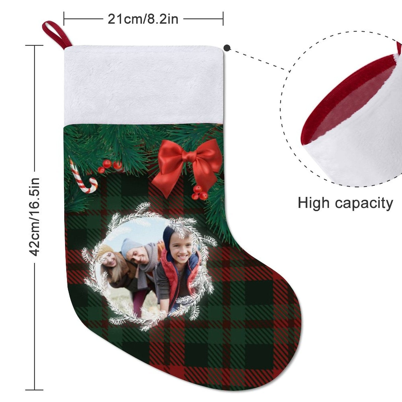 Custom 16.5in(L) Super Size-Custom Photo Lattice Red Bow Christmas Socks Flip Sequins Christmas Stocking - YesCustom