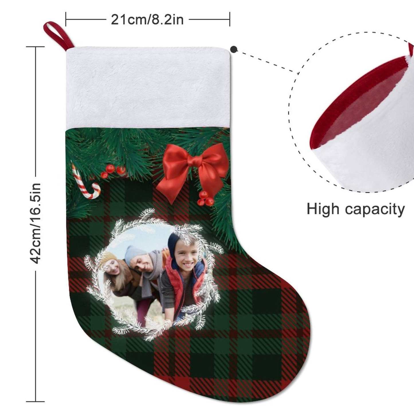 Custom 16.5in(L) Super Size-Custom Photo Lattice Red Bow Christmas Socks Flip Sequins Christmas Stocking - YesCustom