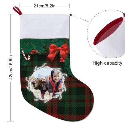 Custom 16.5in(L) Super Size-Custom Photo Lattice Red Bow Christmas Socks Flip Sequins Christmas Stocking - YesCustom