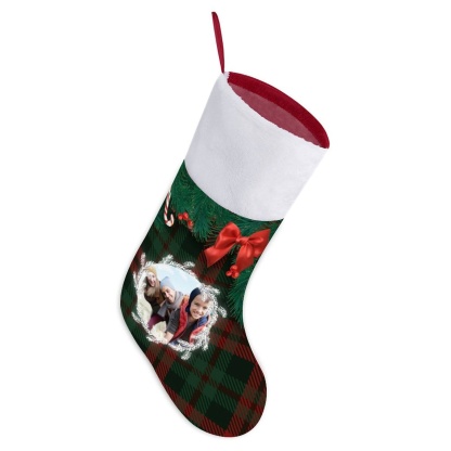 Custom 16.5in(L) Super Size-Custom Photo Lattice Red Bow Christmas Socks Flip Sequins Christmas Stocking - YesCustom