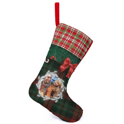 Custom 16.5in(L) Super Size-Custom Photo Lattice Red Bow Christmas Socks Flip Sequins Christmas Stocking - YesCustom
