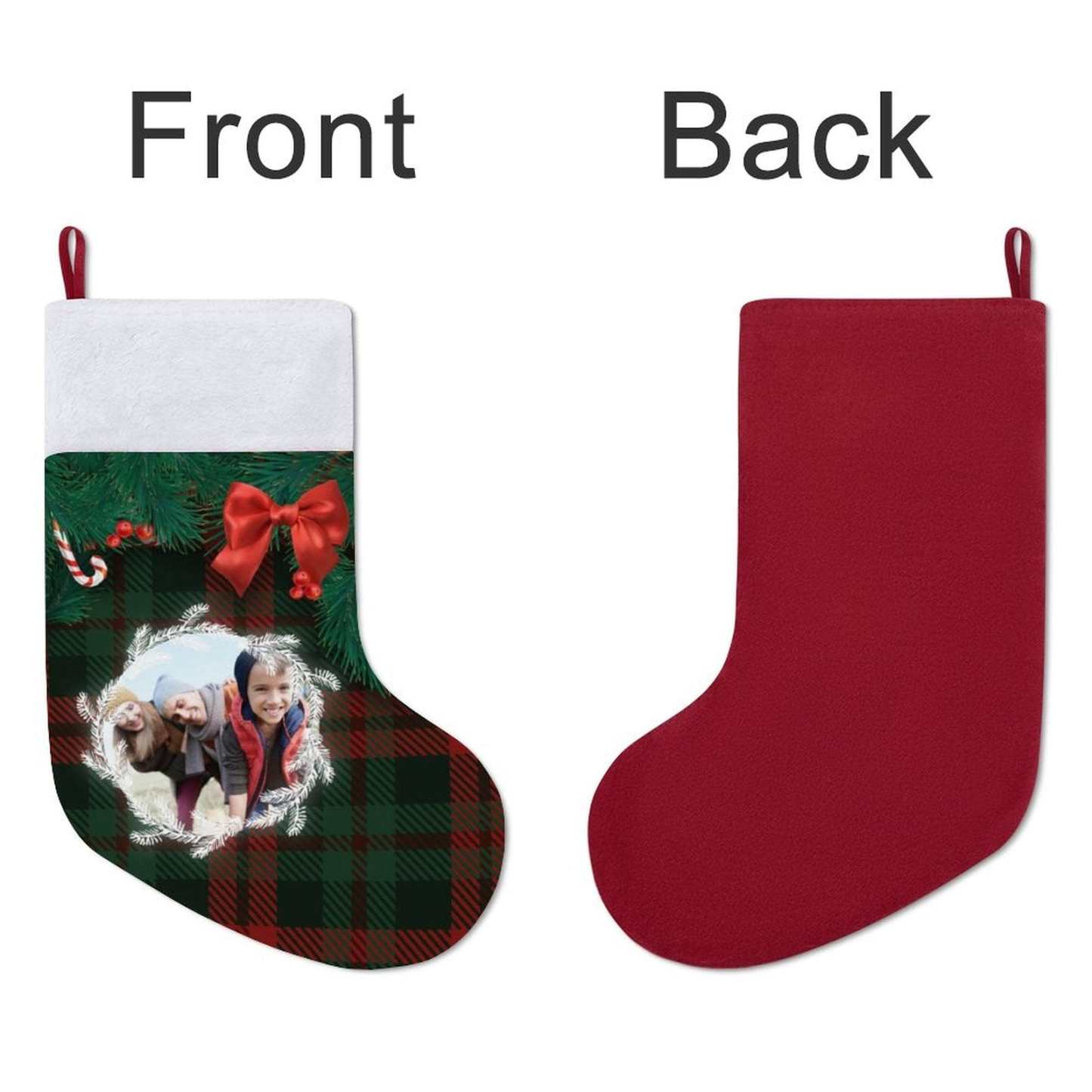 Custom 16.5in(L) Super Size-Custom Photo Lattice Red Bow Christmas Socks Flip Sequins Christmas Stocking - YesCustom
