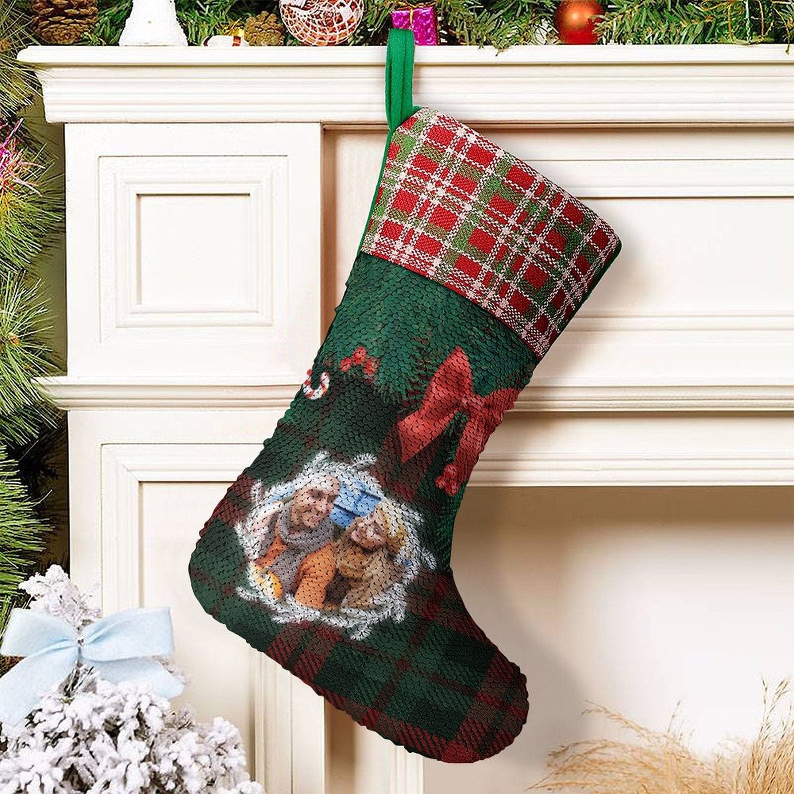 Custom 16.5in(L) Super Size-Custom Photo Lattice Red Bow Christmas Socks Flip Sequins Christmas Stocking - YesCustom