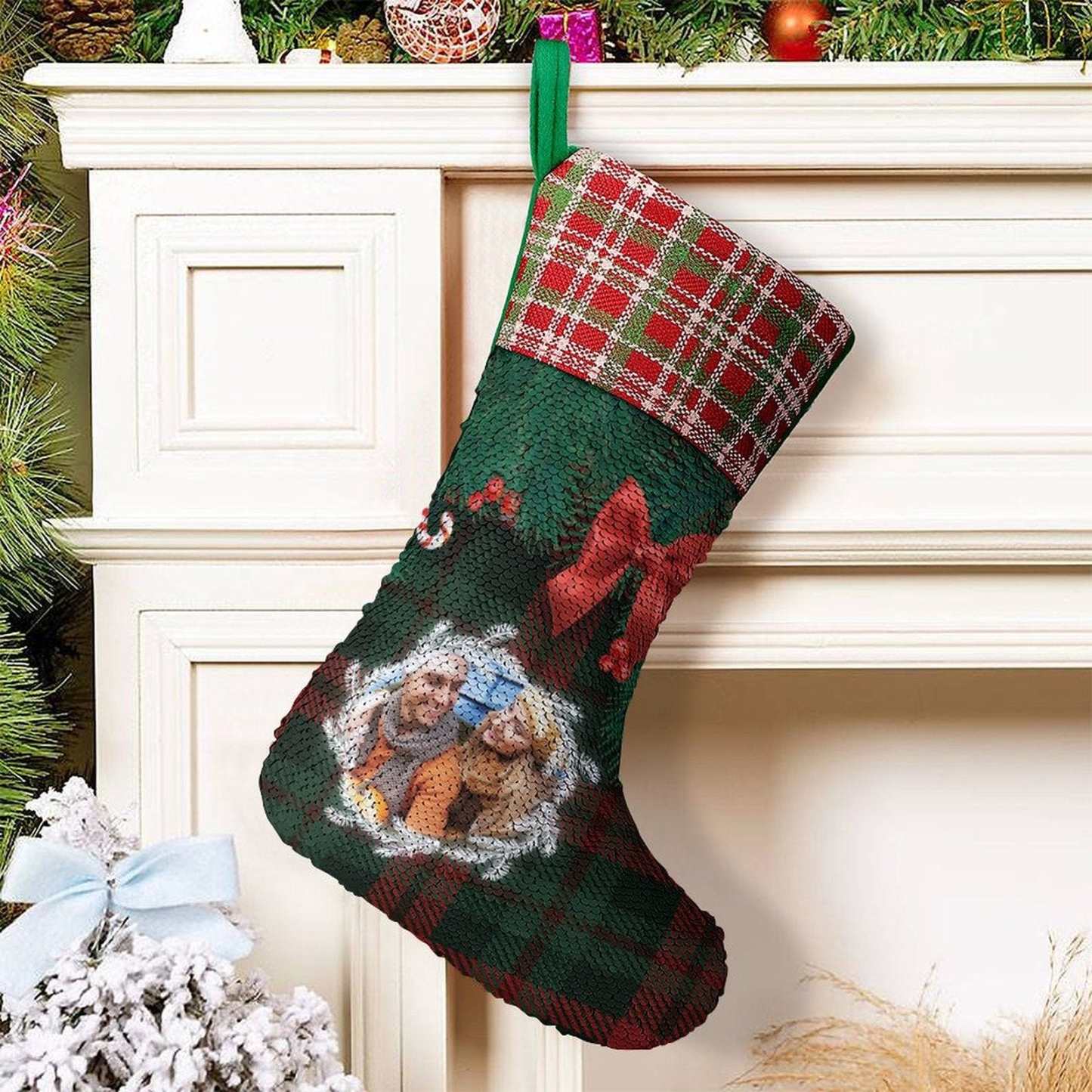 Custom 16.5in(L) Super Size-Custom Photo Lattice Red Bow Christmas Socks Flip Sequins Christmas Stocking - YesCustom