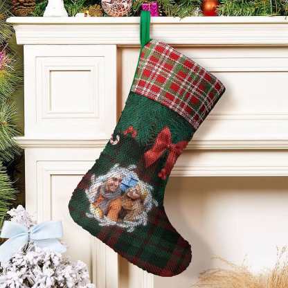Custom 16.5in(L) Super Size-Custom Photo Lattice Red Bow Christmas Socks Flip Sequins Christmas Stocking - YesCustom