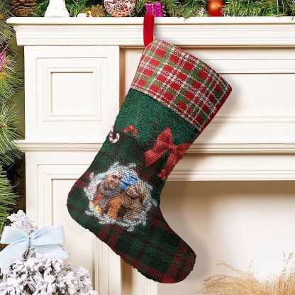 Custom 16.5in(L) Super Size-Custom Photo Lattice Red Bow Christmas Socks Flip Sequins Christmas Stocking - YesCustom