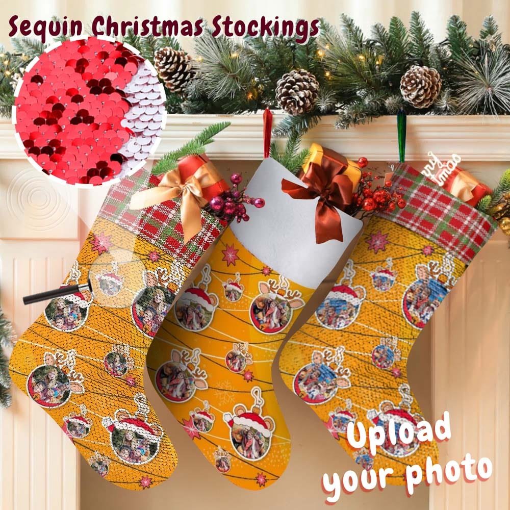 Custom 16.5in(L) Super Size-Custom Photo Line Orange Background Christmas Socks Flip Sequins Christmas Stocking - YesCustom