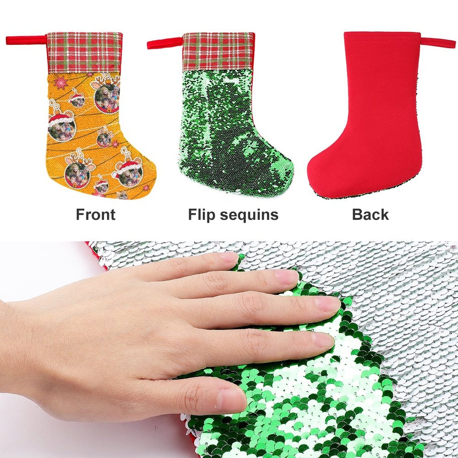 Custom 16.5in(L) Super Size-Custom Photo Line Orange Background Christmas Socks Flip Sequins Christmas Stocking - YesCustom
