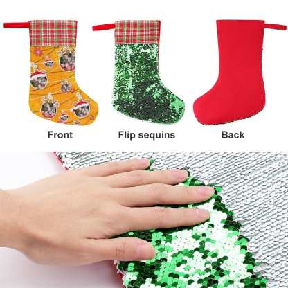 Custom 16.5in(L) Super Size-Custom Photo Line Orange Background Christmas Socks Flip Sequins Christmas Stocking - YesCustom
