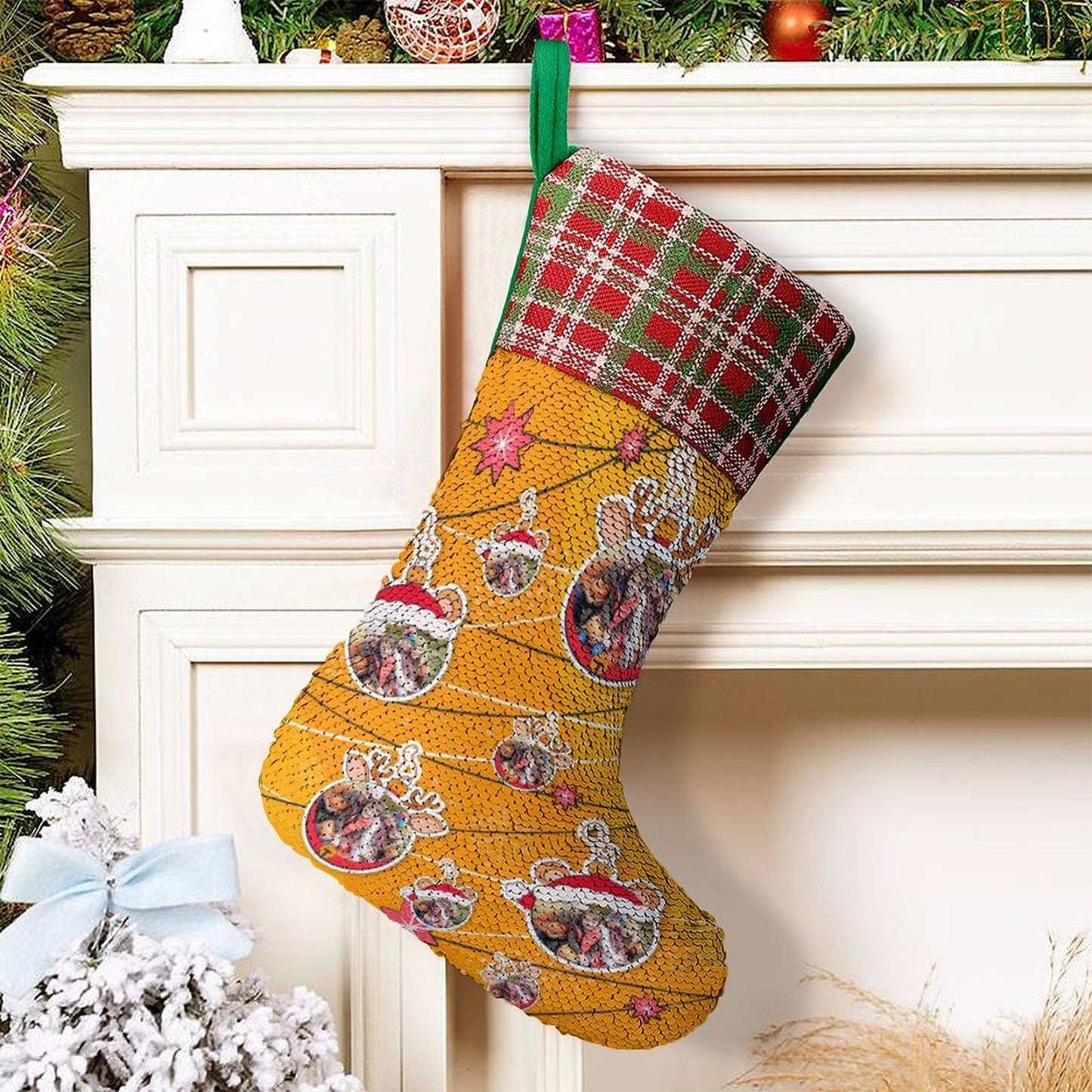 Custom 16.5in(L) Super Size-Custom Photo Line Orange Background Christmas Socks Flip Sequins Christmas Stocking - YesCustom