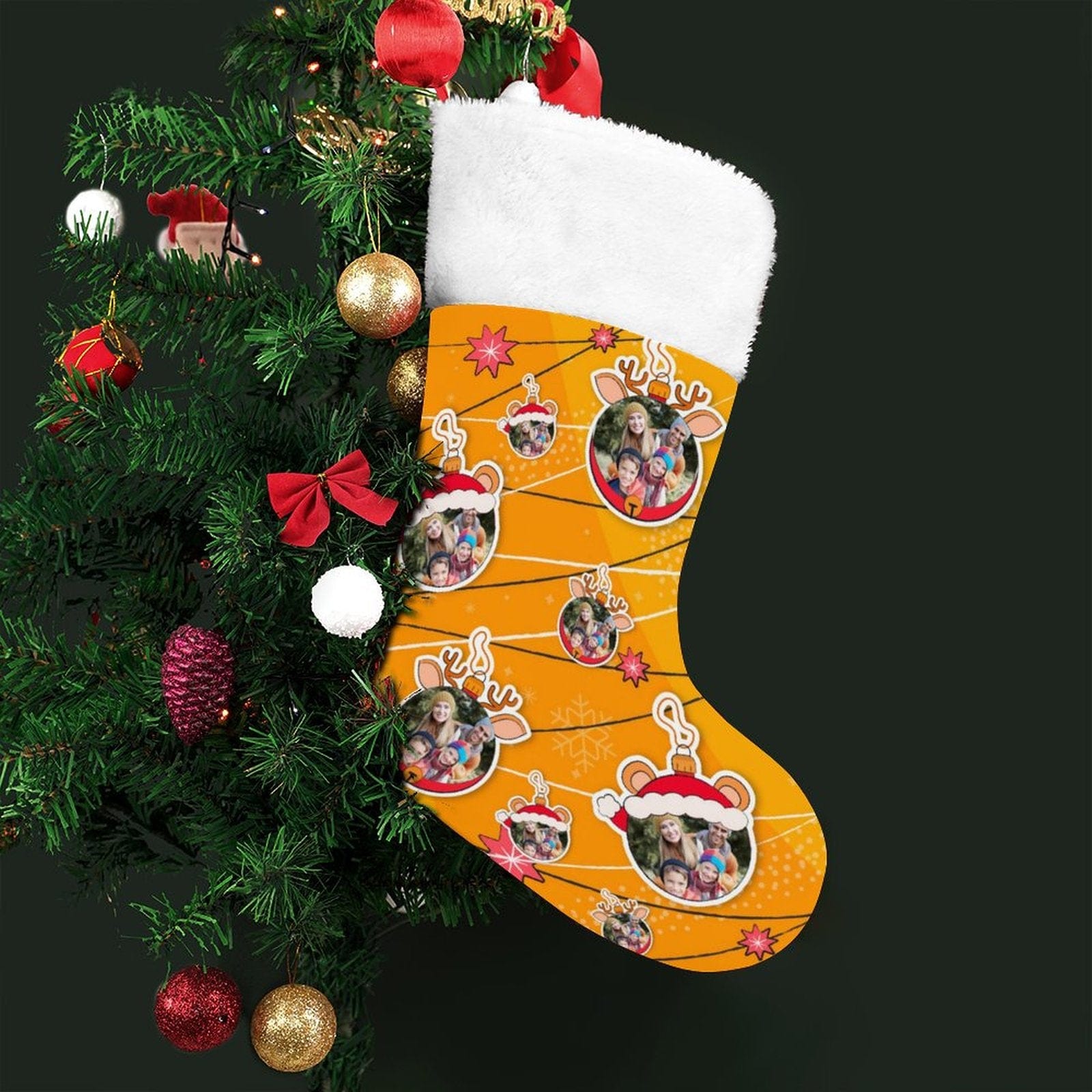 Custom 16.5in(L) Super Size-Custom Photo Line Orange Background Christmas Socks Flip Sequins Christmas Stocking - YesCustom
