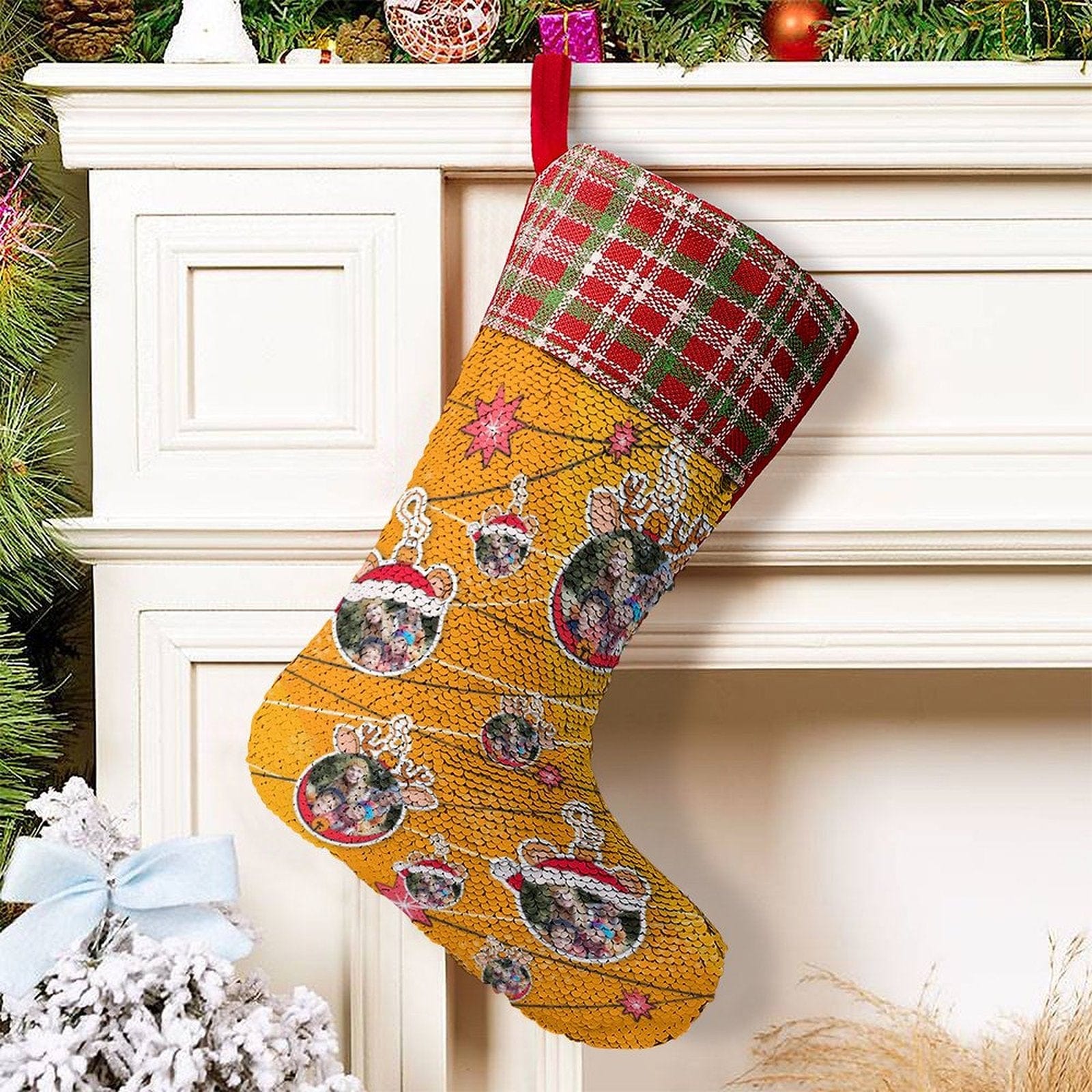 Custom 16.5in(L) Super Size-Custom Photo Line Orange Background Christmas Socks Flip Sequins Christmas Stocking - YesCustom