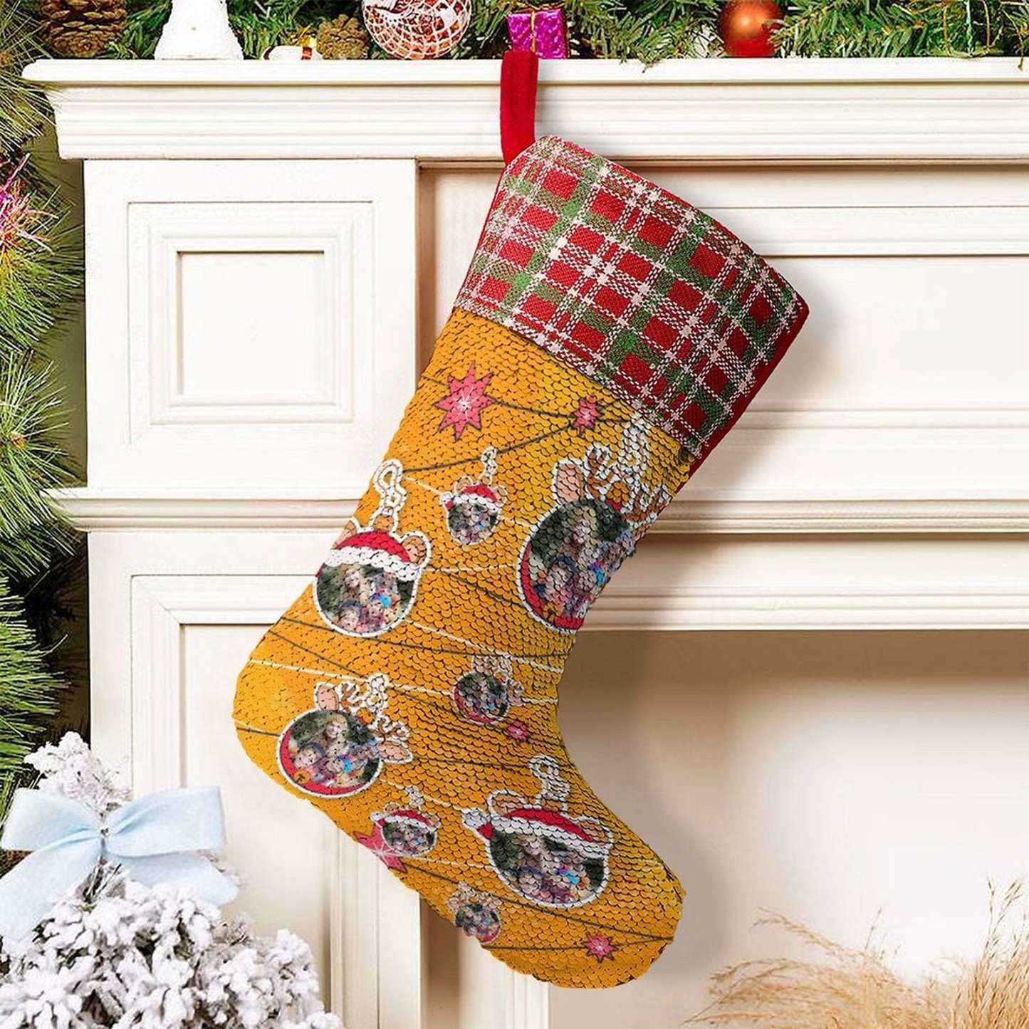 Custom 16.5in(L) Super Size-Custom Photo Line Orange Background Christmas Socks Flip Sequins Christmas Stocking - YesCustom