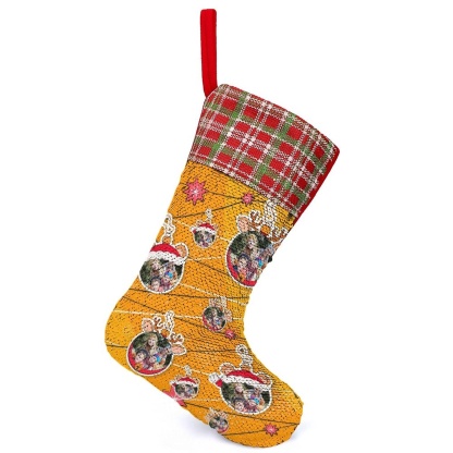 Custom 16.5in(L) Super Size-Custom Photo Line Orange Background Christmas Socks Flip Sequins Christmas Stocking - YesCustom