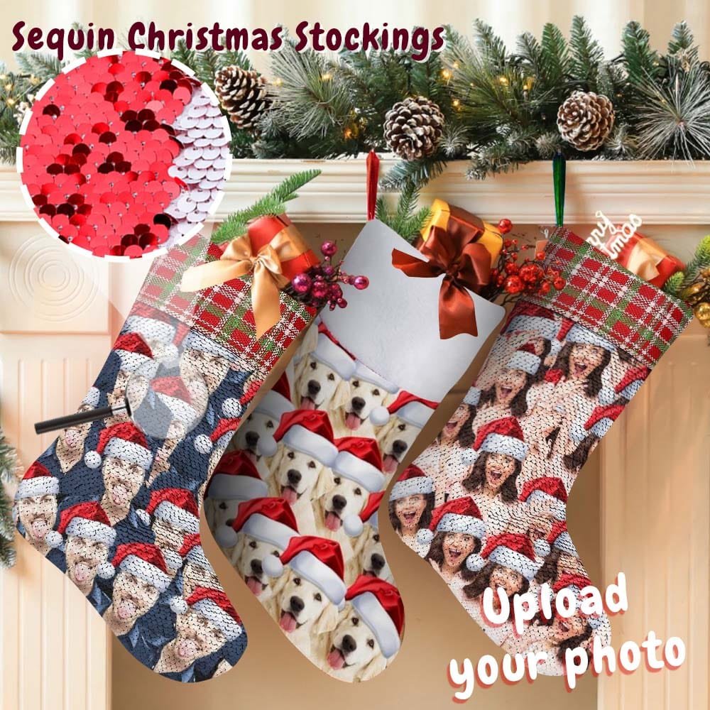 Custom 16.5in(L) Super Size-Custom Seamless Face Red Hat Christmas Socks Flip Sequins Christmas Stocking - YesCustom
