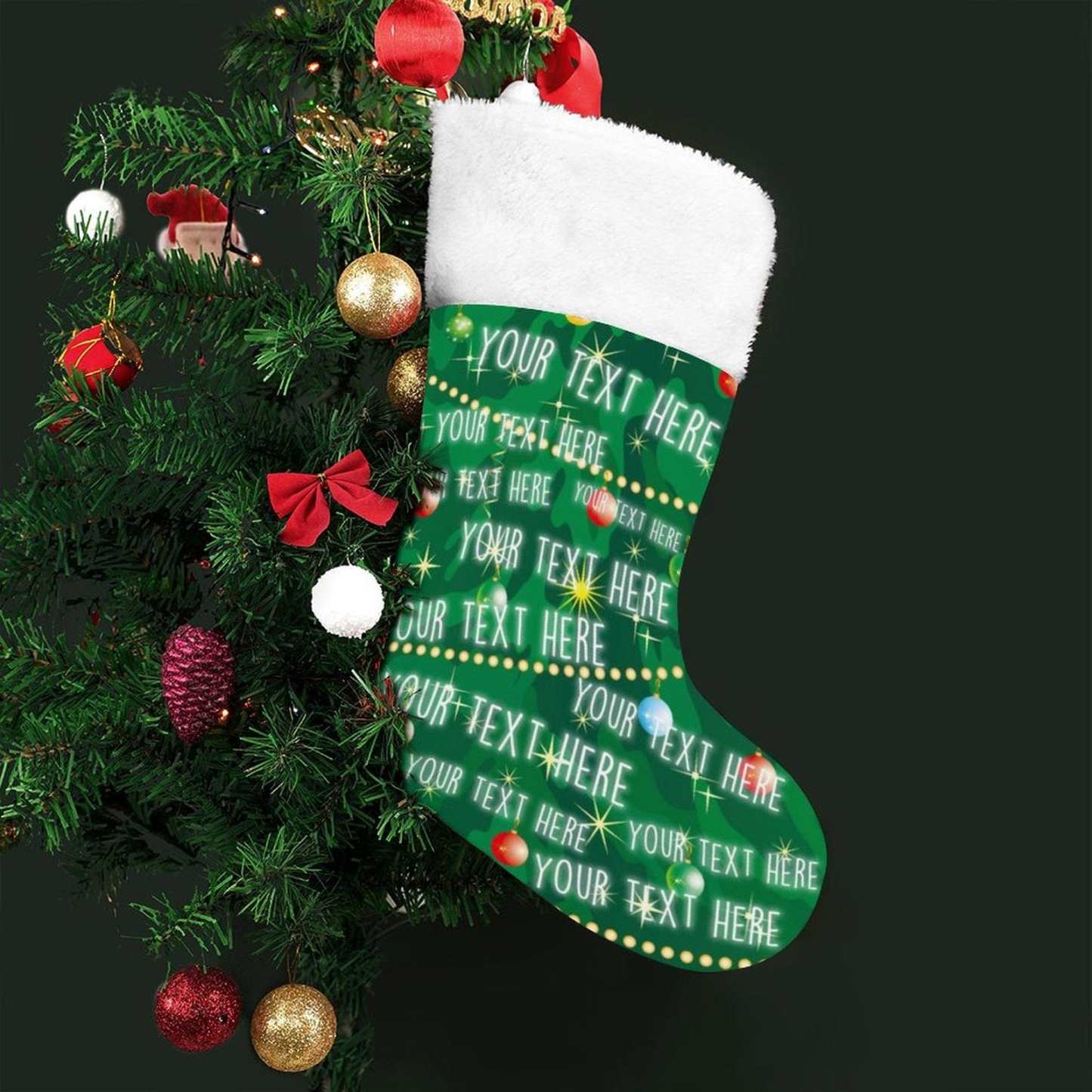 Custom 16.5in(L) Super Size-Custom Text Green Background Christmas Ornaments Socks Flip Sequins Christmas Stocking - YesCustom