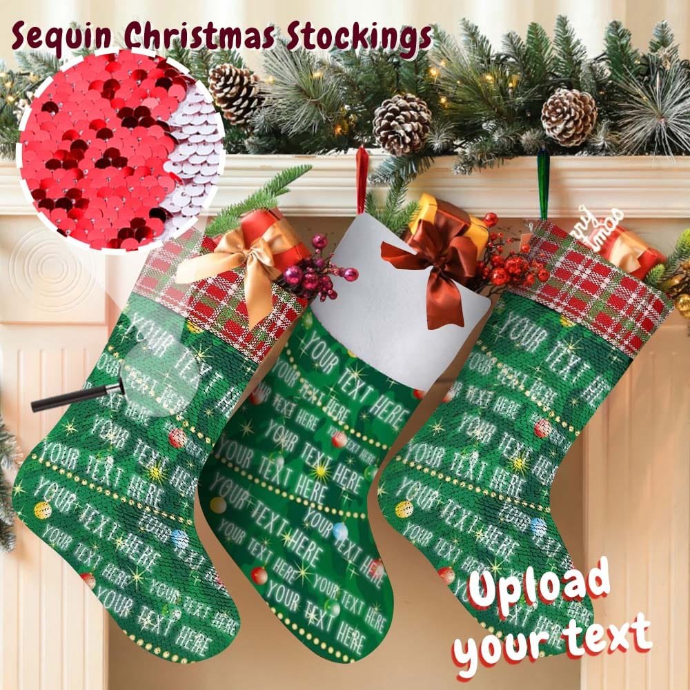 Custom 16.5in(L) Super Size-Custom Text Green Background Christmas Ornaments Socks Flip Sequins Christmas Stocking - YesCustom