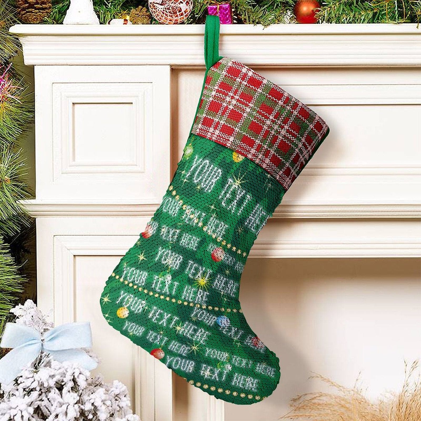 Custom 16.5in(L) Super Size-Custom Text Green Background Christmas Ornaments Socks Flip Sequins Christmas Stocking - YesCustom
