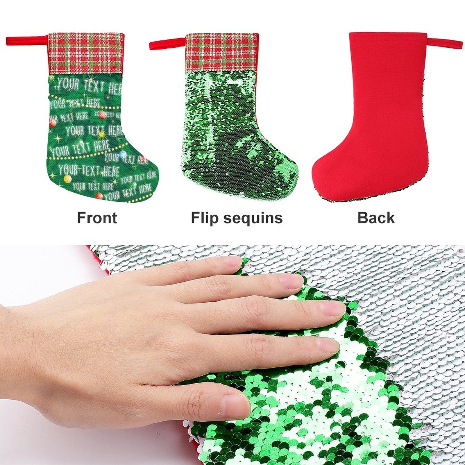 Custom 16.5in(L) Super Size-Custom Text Green Background Christmas Ornaments Socks Flip Sequins Christmas Stocking - YesCustom