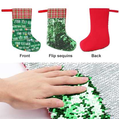 Custom 16.5in(L) Super Size-Custom Text Green Background Christmas Ornaments Socks Flip Sequins Christmas Stocking - YesCustom