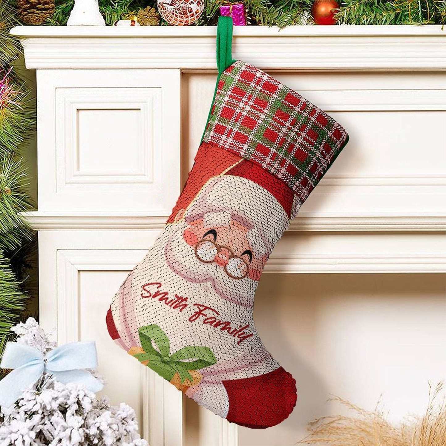 Custom 16.5in(L) Super Size-Custom Text Santa Claus Christmas Socks Flip Sequins Christmas Stocking - YesCustom